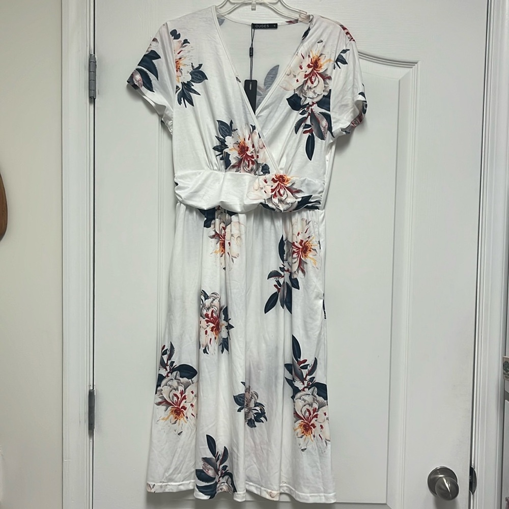 Ouges White Floral Cotton Dress with Pockets, New with tags